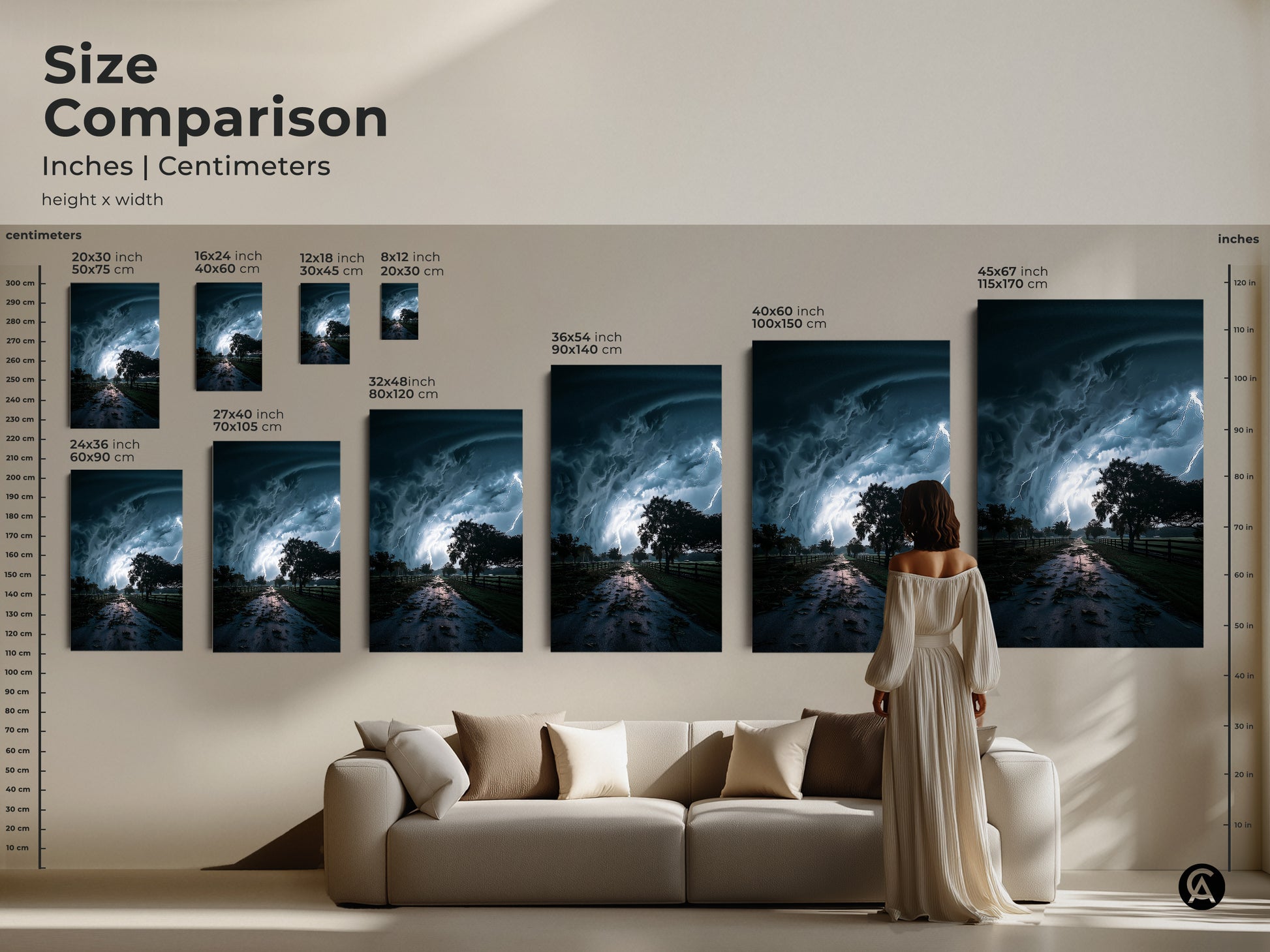 Size comparison of dramatic storm art in inches and centimeters. Lightning landscape print features teal and blue storm decor. The contemporary nature wall decor is easy to choose a size. Display this unique nature canvas in a living room setting. A housewarming gift nature art.