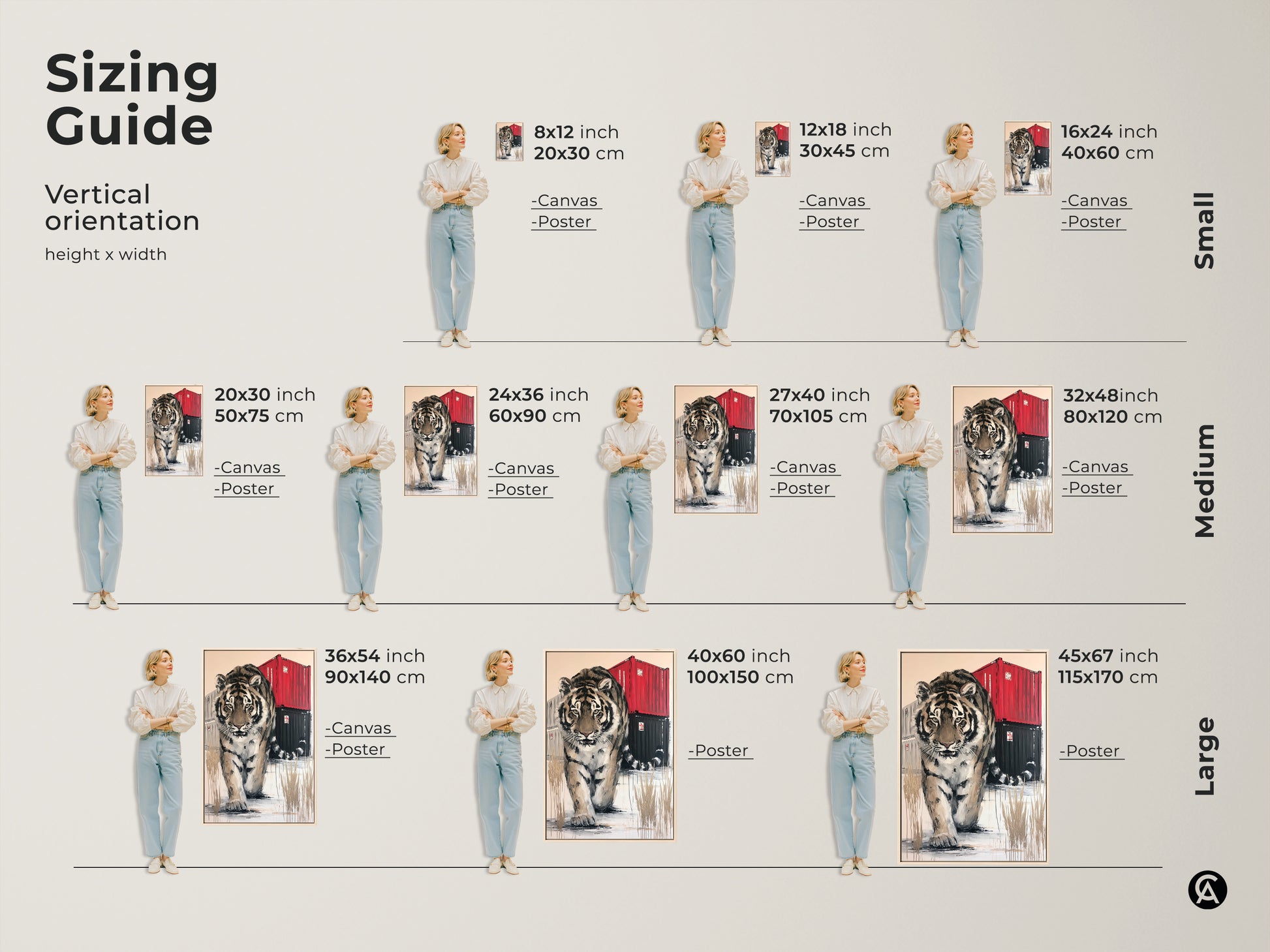 Sizing guide for the Tiger canvas. Find the perfect fit for your space with vertical orientations from small to large. Visualize the artwork in different sizes to enhance your home decor. See size in both inches and centimeters.