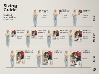 Sizing guide for the Tiger canvas. Find the perfect fit for your space with vertical orientations from small to large. Visualize the artwork in different sizes to enhance your home decor. See size in both inches and centimeters.