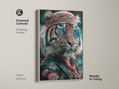 Framed canvas showcasing the tiger biker canvas. White floating frame ready to hang. It is a unique animal canvas. Ideal as eclectic wildlife art or biker lifestyle decor. The cool cat wall art features sunglasses and a bandana. Perfect for a statement animal print.