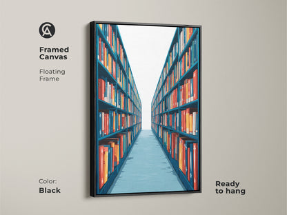 Framed Canvas with a floating black frame displaying teal and red library art. This ready-to-hang piece adds a sophisticated touch to any study room decor or home office wall decor. A perfect literary gift.