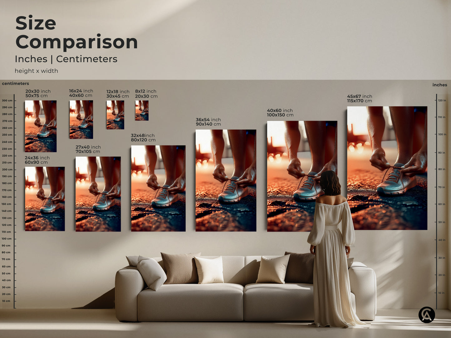 Size comparison of fitness art prints in inches and centimeters. A woman stands next to various sizes of the runner tying laces artwork. Ideal for home gym bedroom or office decor. Motivational art for athletes.
