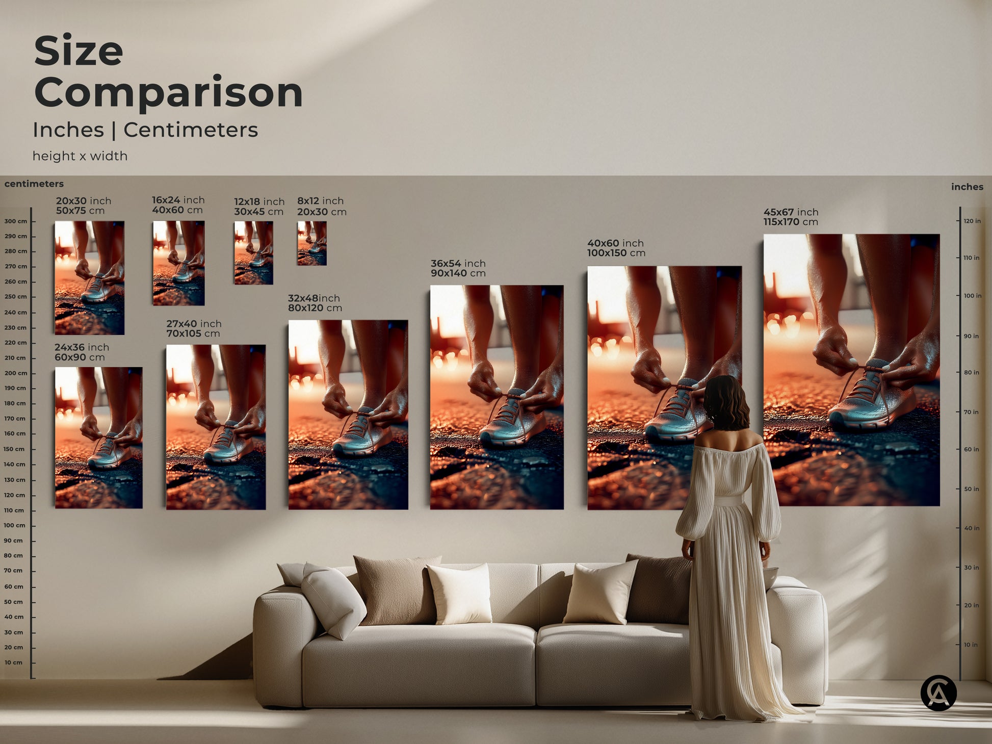 Size comparison of fitness art prints in inches and centimeters. A woman stands next to various sizes of the runner tying laces artwork. Ideal for home gym bedroom or office decor. Motivational art for athletes.