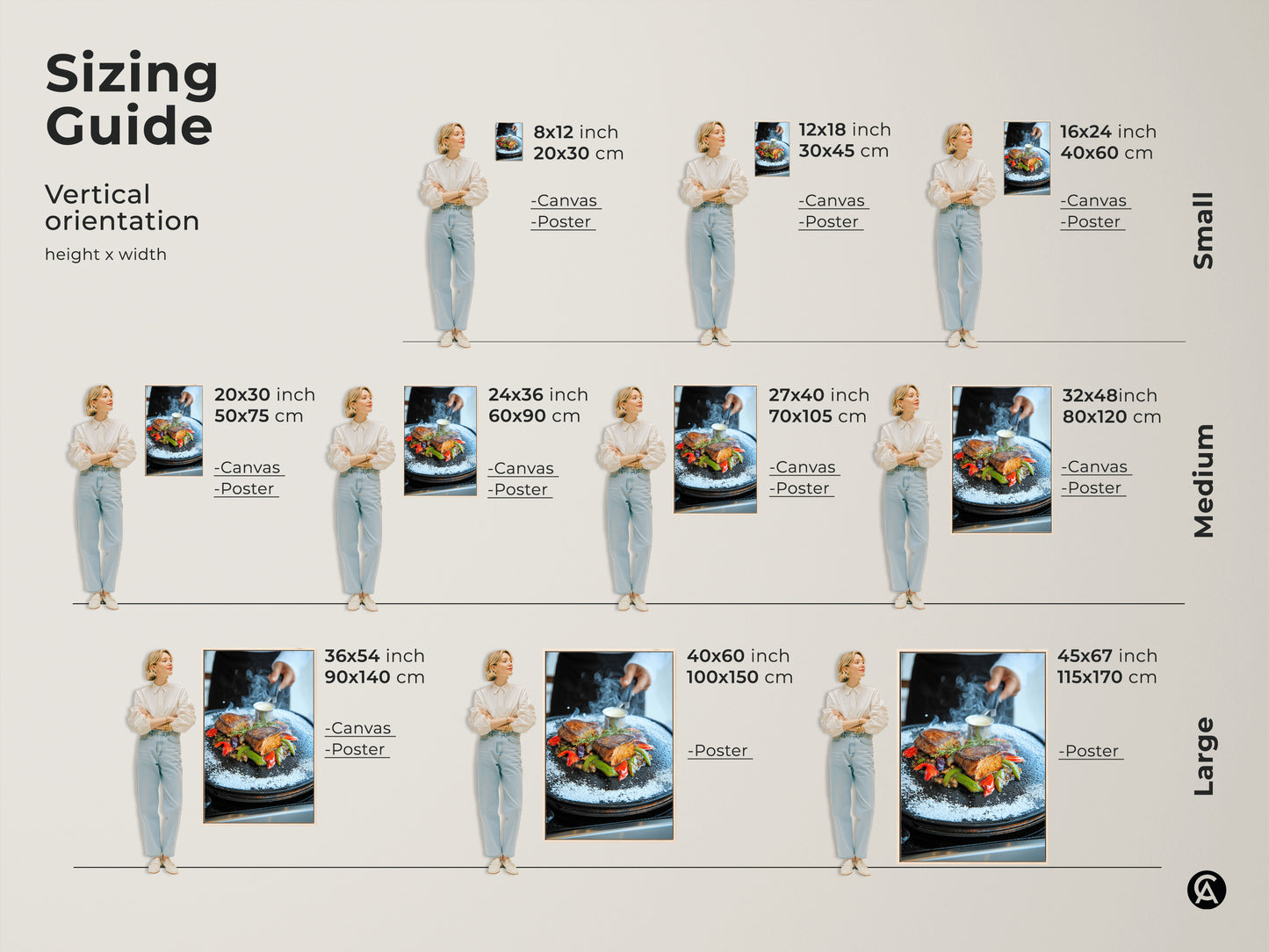 Sizing Guide for Filet Mignon Canvas and Poster. Select the ideal size for your space from small to large vertical orientations. Visualize how this photorealistic steak artwork enhances your dining room decor. Perfect for foodies and chefs.