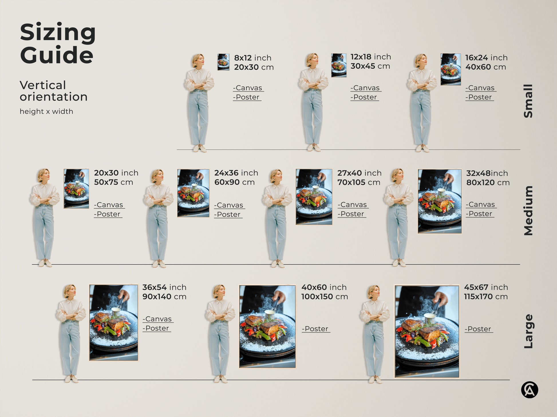 Sizing Guide for Filet Mignon Canvas and Poster. Select the ideal size for your space from small to large vertical orientations. Visualize how this photorealistic steak artwork enhances your dining room decor. Perfect for foodies and chefs.