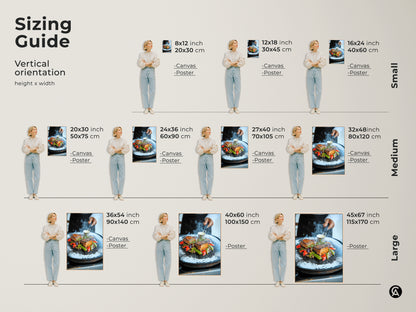 Sizing Guide for Filet Mignon Canvas and Poster. Select the ideal size for your space from small to large vertical orientations. Visualize how this photorealistic steak artwork enhances your dining room decor. Perfect for foodies and chefs.