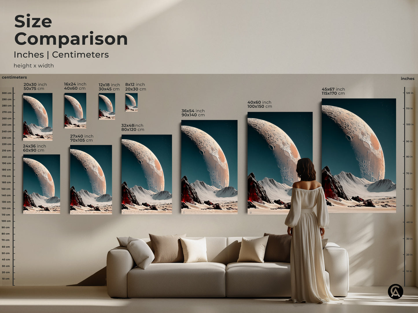 Size comparison of surreal space landscape art prints. View dimensions in inches and centimeters. From small to large find the perfect fit for your wall. This contemporary art featuring a cratered planet and lunar landscape will elevate your living room decor.
