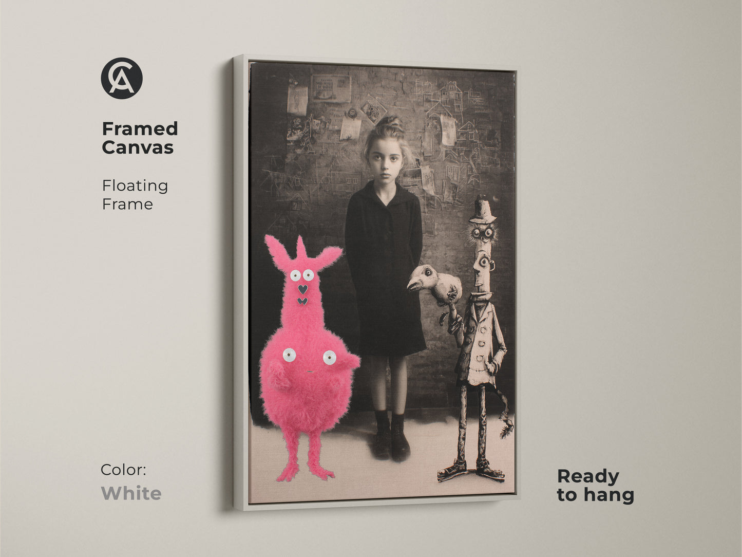Framed canvas featuring a surreal girl with a pink creature and birdman. The floating frame is white and ready to hang. This dark academia art is great gothic fantasy artwork. A unique gift for art fans and Halloween enthusiasts.
