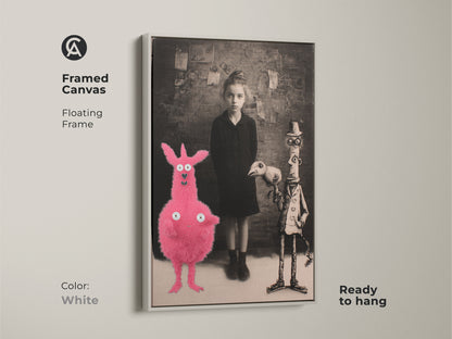 Framed canvas featuring a surreal girl with a pink creature and birdman. The floating frame is white and ready to hang. This dark academia art is great gothic fantasy artwork. A unique gift for art fans and Halloween enthusiasts.