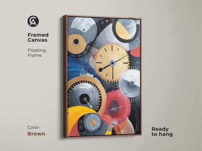 Framed canvas with a brown floating frame featuring abstract mechanical artwork. The gold and blue clock gears provide a steampunk art deco aesthetic. This canvas is ready to hang for eclectic wall decor.