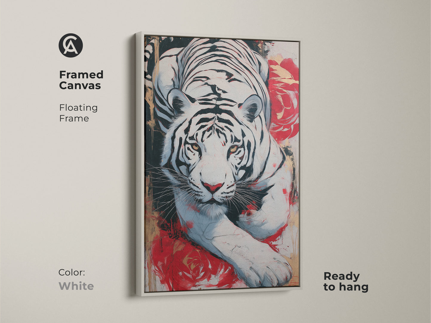 Framed canvas artwork featuring an expressive white tiger and abstract red roses. The floating frame is white. Ready to hang this animal art print is great for eclectic home decor.