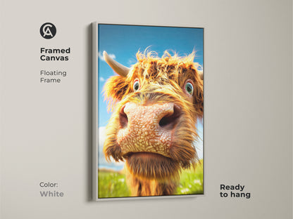 This framed canvas art features a Highland Cow. It is ready to hang with a white floating frame. This expressive animal artwork adds a touch of farmhouse charm.