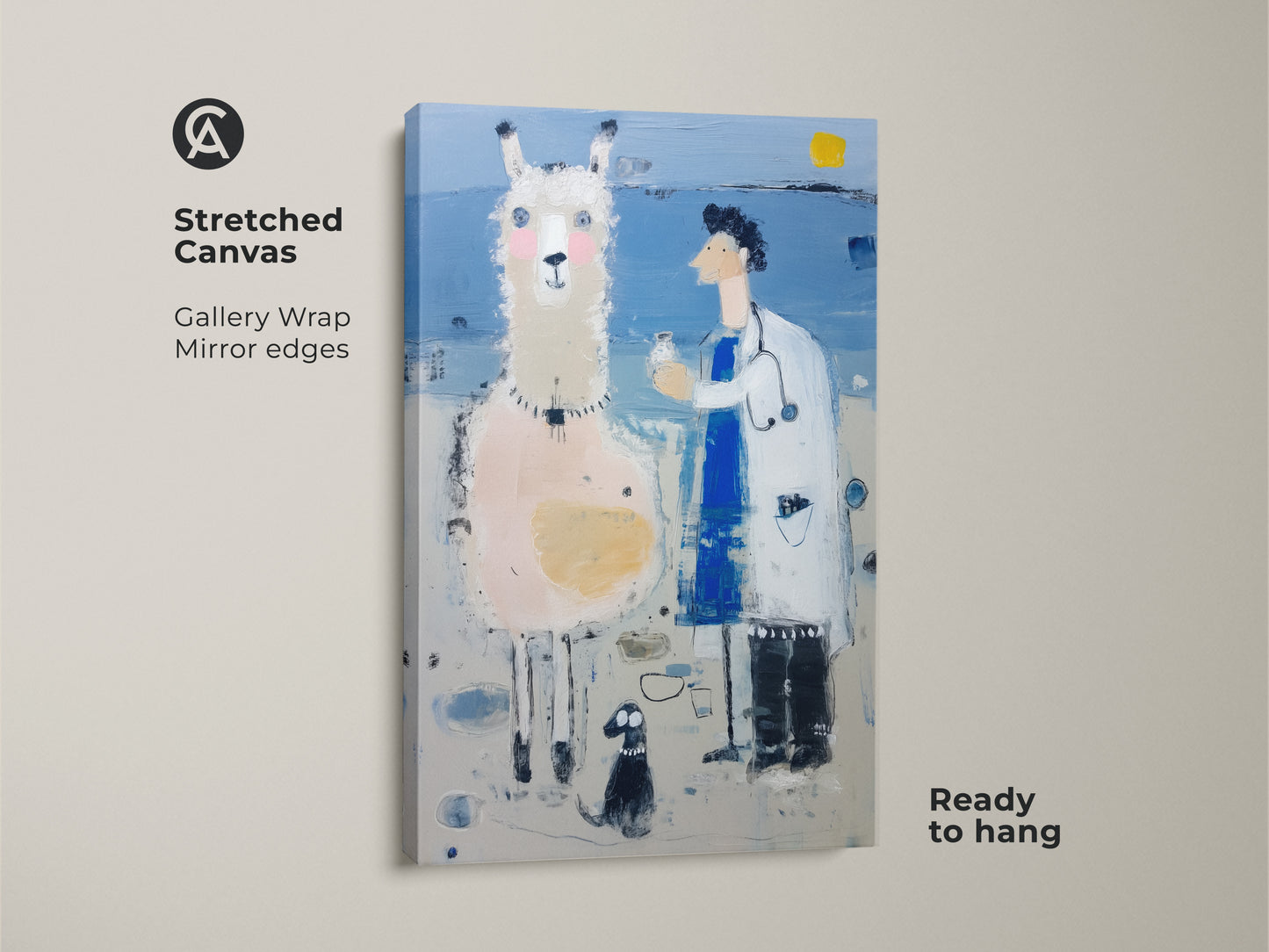 Stretched canvas of a llama doctor artwork on display. This surreal animal print is gallery wrapped with mirrored edges. This funny doctor art on a blue and white canvas is ready to hang. It will be a great piece of eclectic home decor.