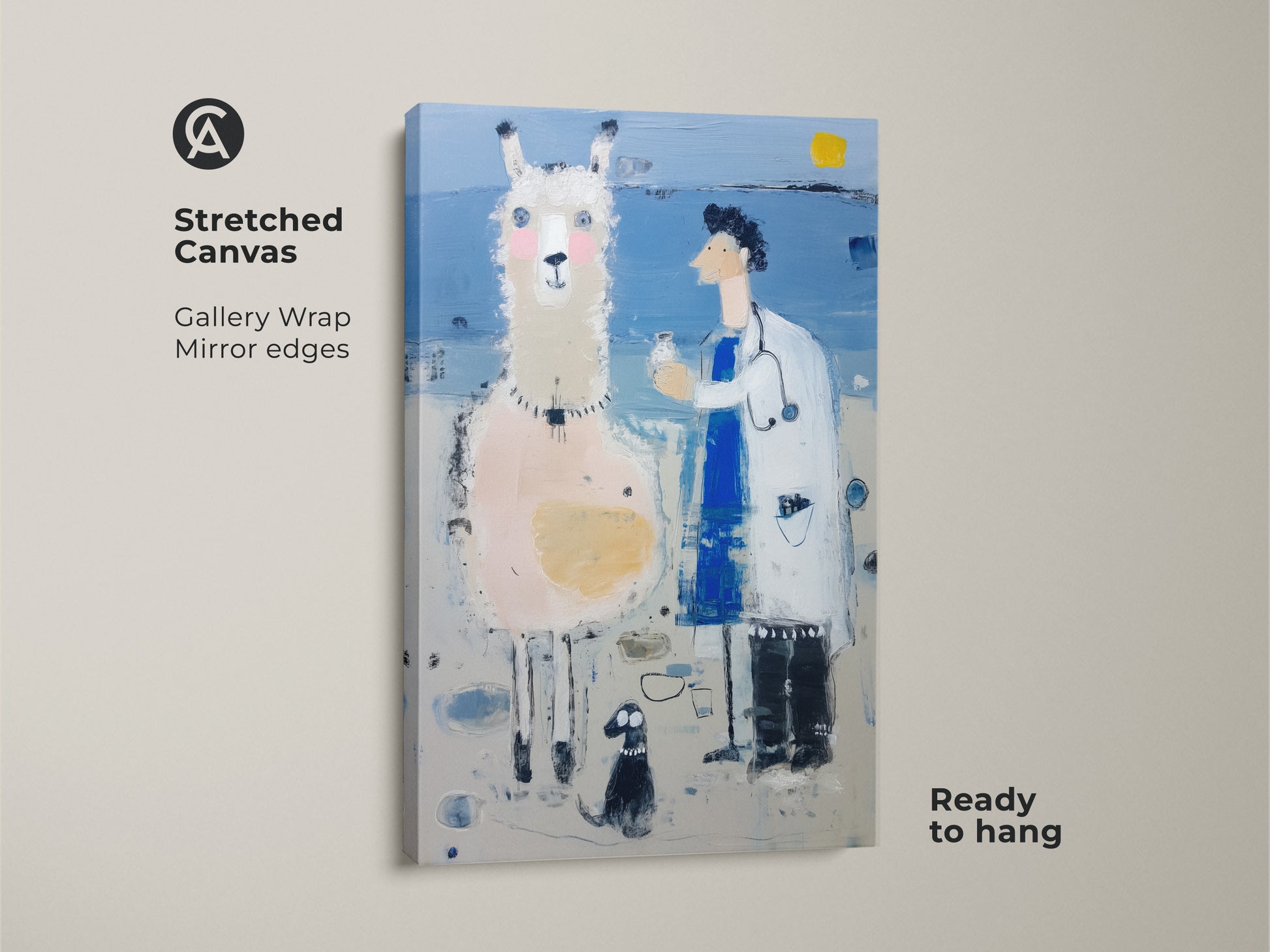 Stretched canvas of a llama doctor artwork on display. This surreal animal print is gallery wrapped with mirrored edges. This funny doctor art on a blue and white canvas is ready to hang. It will be a great piece of eclectic home decor.