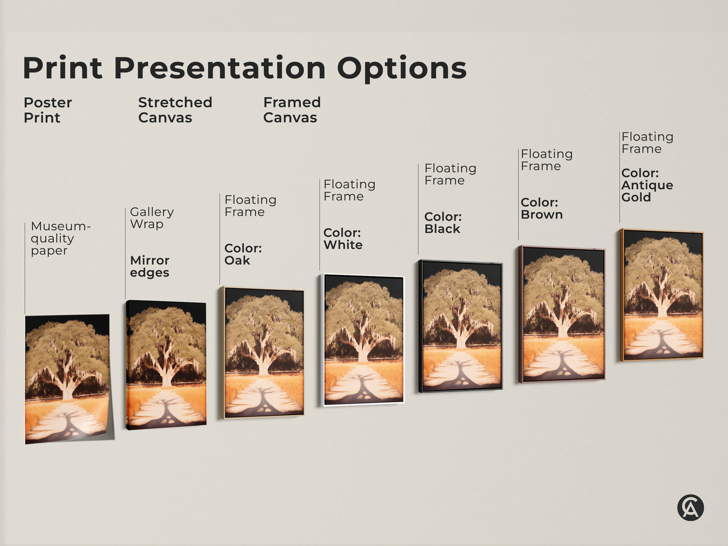 Explore diverse print options for tree artwork. Choose from poster prints stretched canvas & framed canvas. Enhance your space with museum-quality paper gallery wrap or floating frames. Each option offers a unique aesthetic.