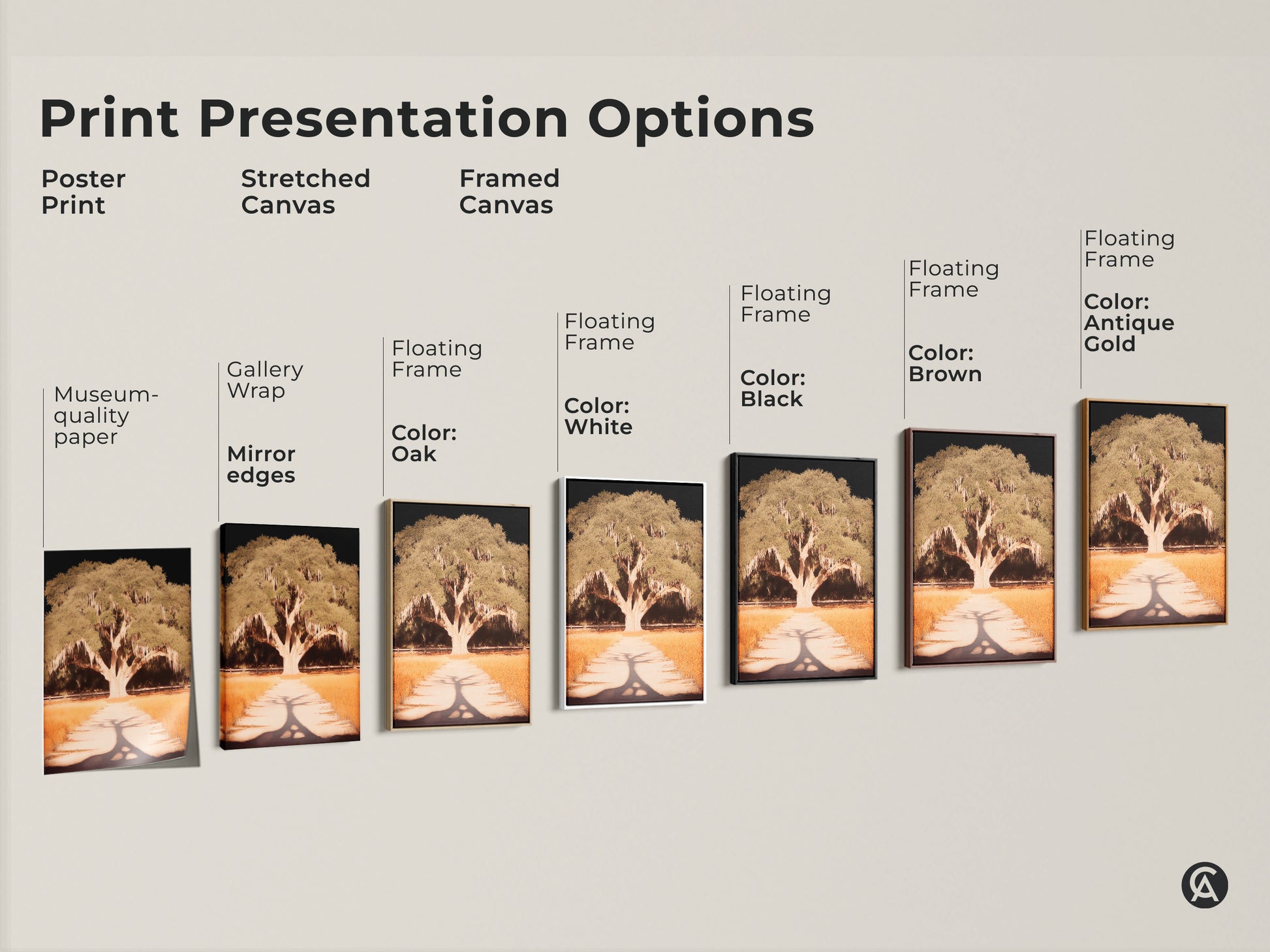 Explore diverse print options for tree artwork. Choose from poster prints stretched canvas & framed canvas. Enhance your space with museum-quality paper gallery wrap or floating frames. Each option offers a unique aesthetic.