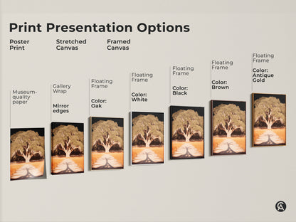 Explore diverse print options for tree artwork. Choose from poster prints stretched canvas & framed canvas. Enhance your space with museum-quality paper gallery wrap or floating frames. Each option offers a unique aesthetic.