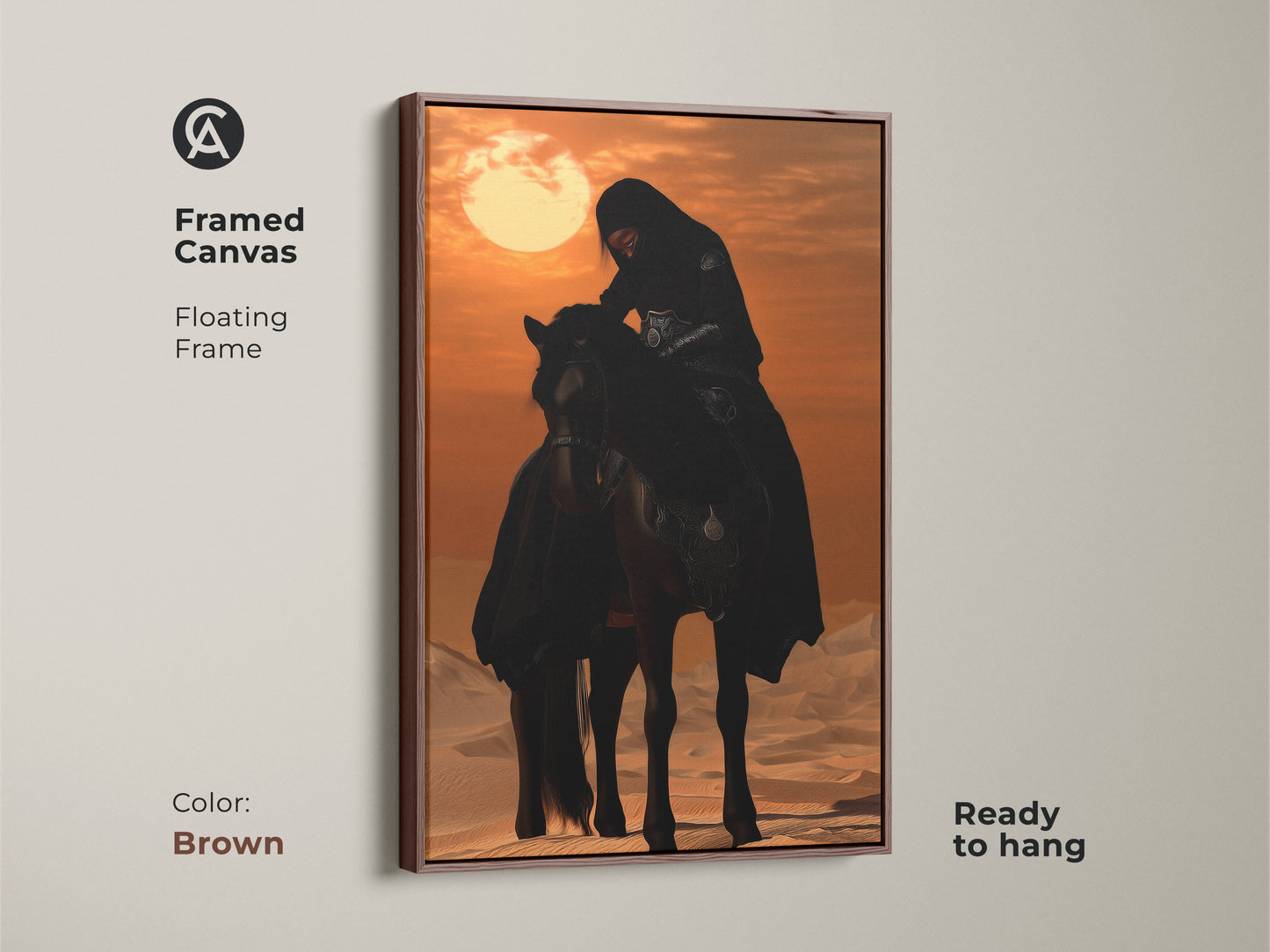 Arabic horse artwork featuring a Desert Rider on an Arabian Horse. The artwork offers rich detail. This equestrian gift is a perfect addition to bedrooms or living rooms. Ready to hang framed canvas in Brown color.