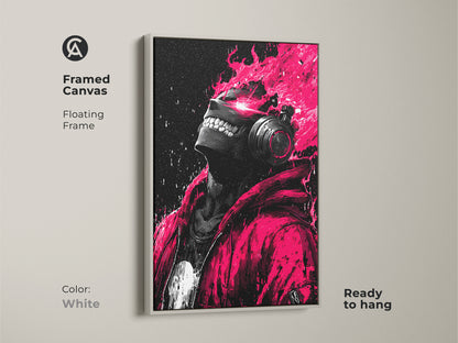 A framed canvas artwork with a white floating frame is ready to hang. The artwork showcases a person with headphones and pink flames. Its a perfect addition to any modern space. Get this edgy and stylish art today.