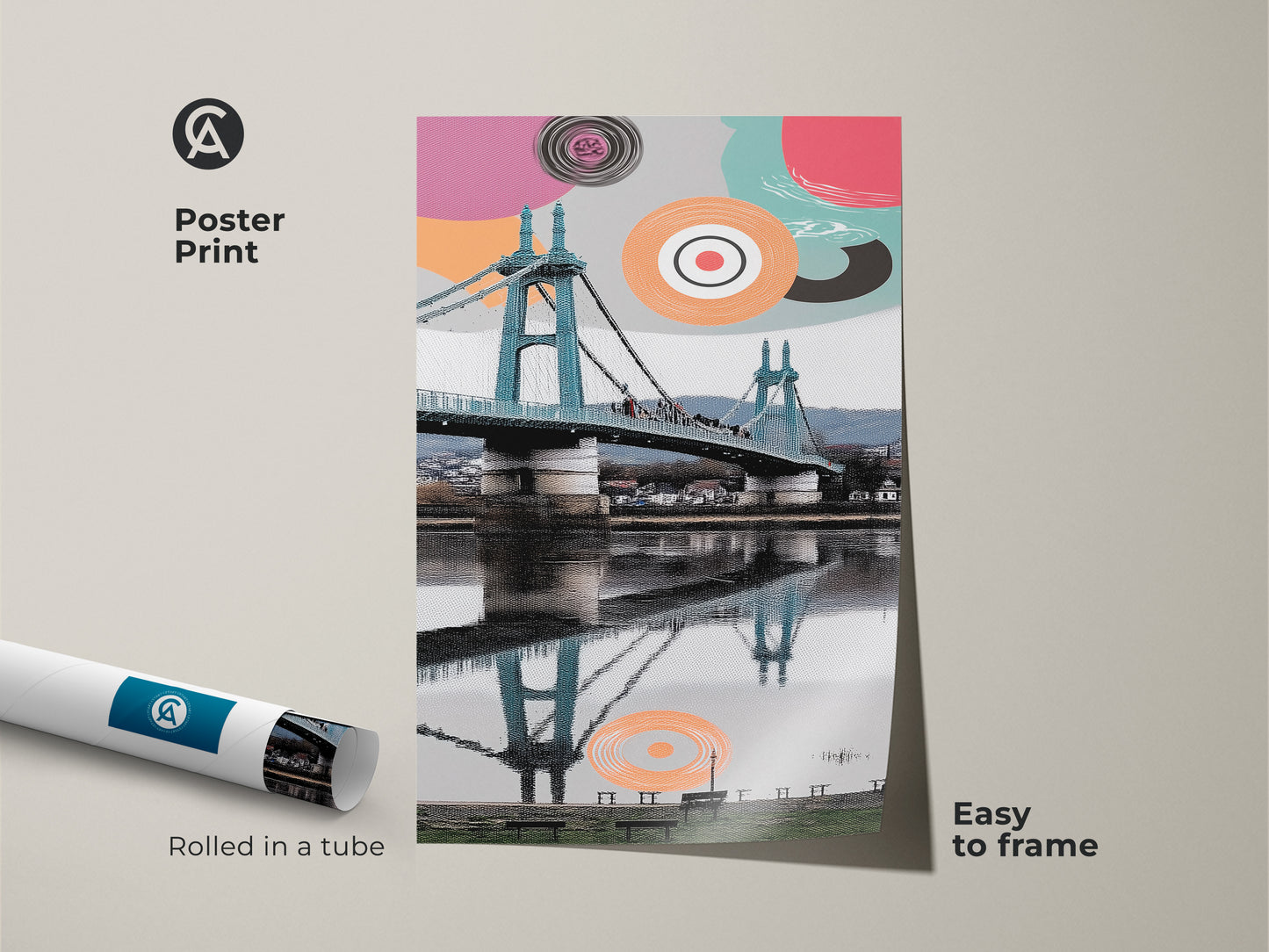 Poster print of abstract geometric art featuring a suspension bridge. The modern cityscape wall art will be easy to frame. The aqua and coral colors make this piece a travel-inspired decor choice. The rolled print highlights urban architecture artwork.