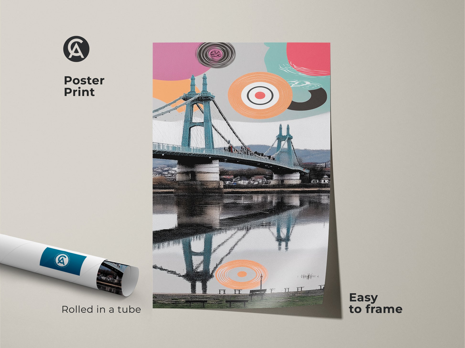 Poster print of abstract geometric art featuring a suspension bridge. The modern cityscape wall art will be easy to frame. The aqua and coral colors make this piece a travel-inspired decor choice. The rolled print highlights urban architecture artwork.