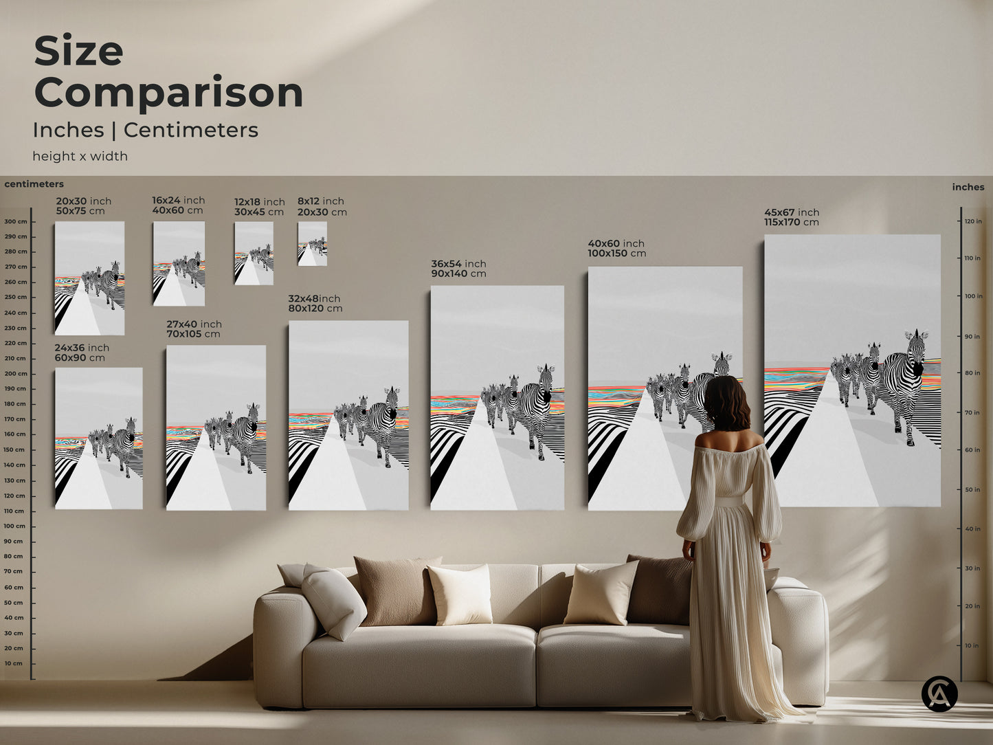 Compare the sizes of this art to visualize how it fits in your home. The size comparison showcases the Abstract Zebra Wall Art. See how each size transforms your living space. From the black and white zebras to the rainbow stripes each piece elevates your decor. Discover the ideal size for your wall