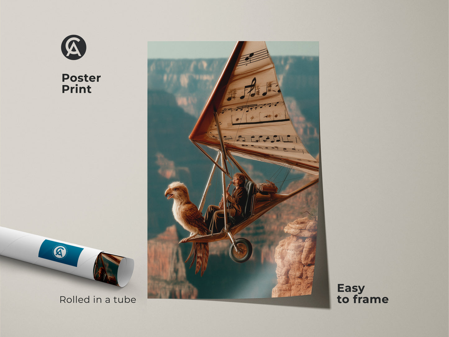 Poster Print of Surreal Flight Canvas Art. This is an easy to frame poster. It comes rolled in a tube. The poster features a musician playing the saxophone. He is piloting a hang glider. An eagle is along for the ride. The art is teal orange and brown.