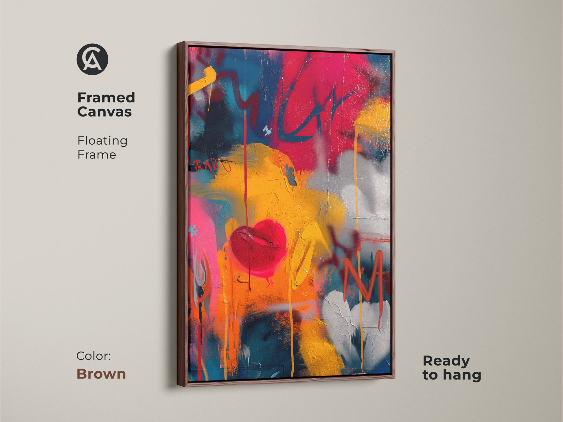 Framed Canvas with a brown floating frame showcasing graffiti heart artwork. This contemporary piece is ready to hang. The brown frame enhances the colorful graffiti art. The art brings a touch of urban style to your space.