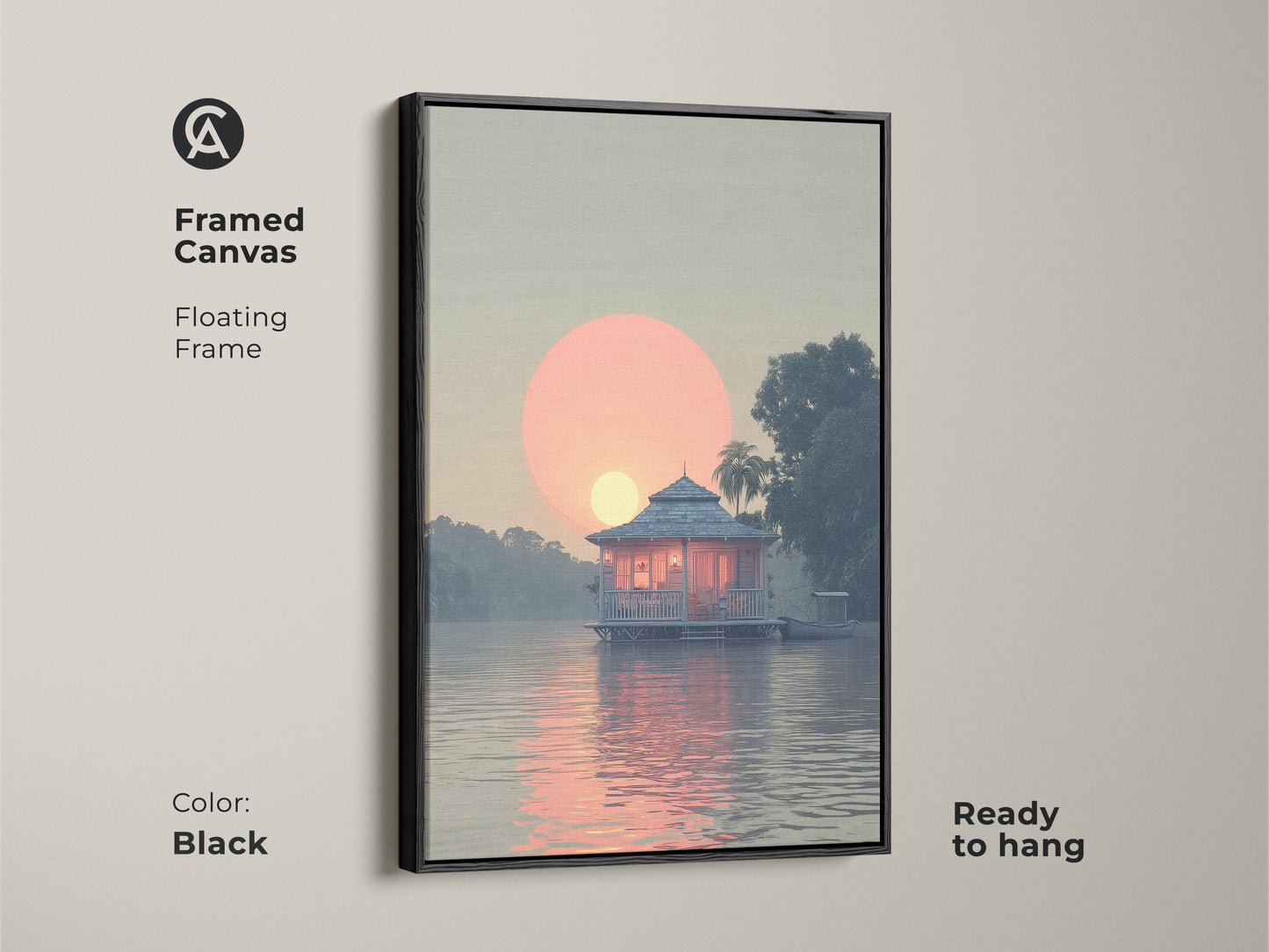 Framed Canvas coastal lake house art with floating frame and black color. The art features a peach and blue tropical landscape with a serene waterfront bungalow painting. It is ready to hang and adds peace to any room.
