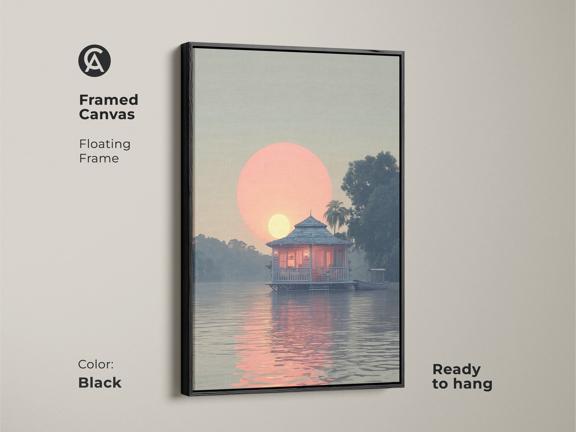 Framed Canvas coastal lake house art with floating frame and black color. The art features a peach and blue tropical landscape with a serene waterfront bungalow painting. It is ready to hang and adds peace to any room.