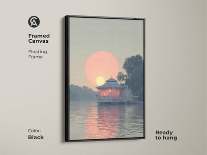Framed Canvas coastal lake house art with floating frame and black color. The art features a peach and blue tropical landscape with a serene waterfront bungalow painting. It is ready to hang and adds peace to any room.