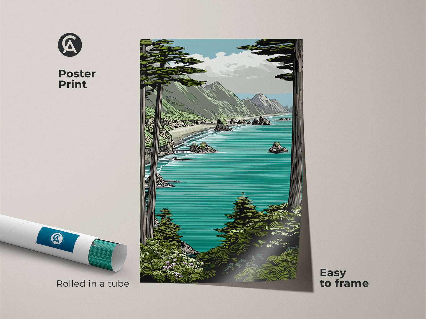 Poster print of teal aqua green mountain art. Easy to frame this coastal ocean view artwork arrives rolled in a tube. It's an ideal beach lover housewarming gift for bringing a seaside nature wall art.