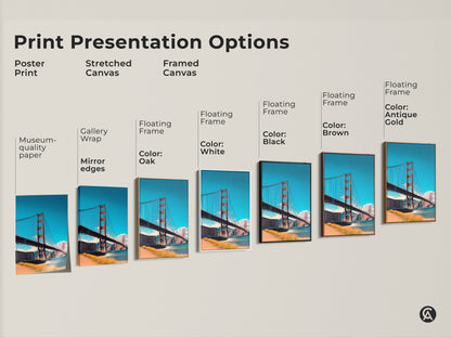 Explore print presentation options for Golden Gate Bridge art. Choose from poster prints stretched canvas or framed canvas. Each offers a unique look for your contemporary wall decor.
