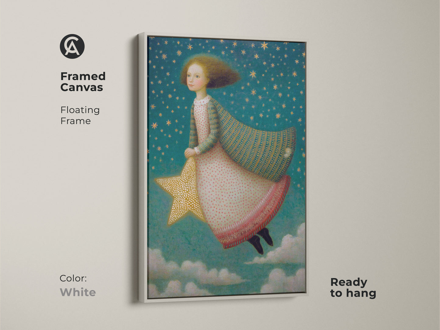 A girl on a gold star flies through a teal starry sky in this framed canvas art. The white floating frame accents the celestial nursery art. This kids room wall decor is ready to hang. A whimsical fantasy artwork and a special gift for young dreamers.