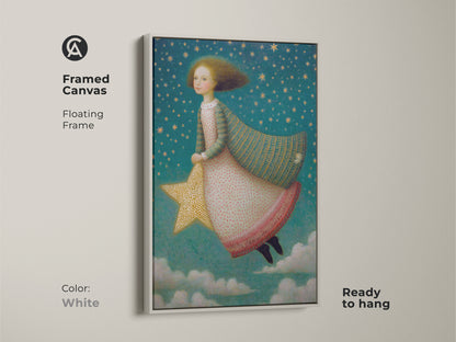 A girl on a gold star flies through a teal starry sky in this framed canvas art. The white floating frame accents the celestial nursery art. This kids room wall decor is ready to hang. A whimsical fantasy artwork and a special gift for young dreamers.