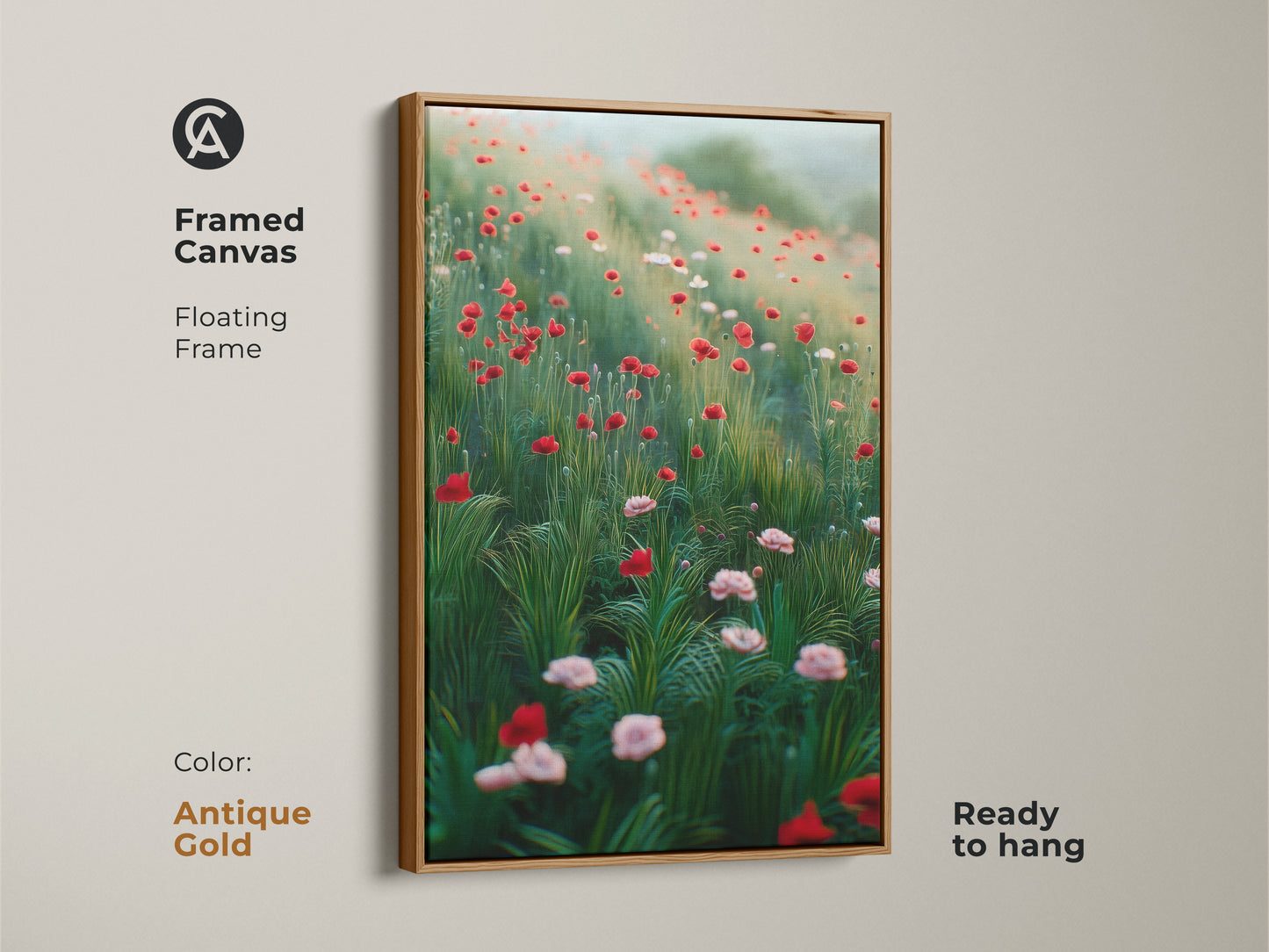 Framed canvas with an antique gold floating frame displaying a red poppy print. This impressionistic floral decor is ideal for plant lovers. The nature landscape art adds a vintage charm. Ready to hang.