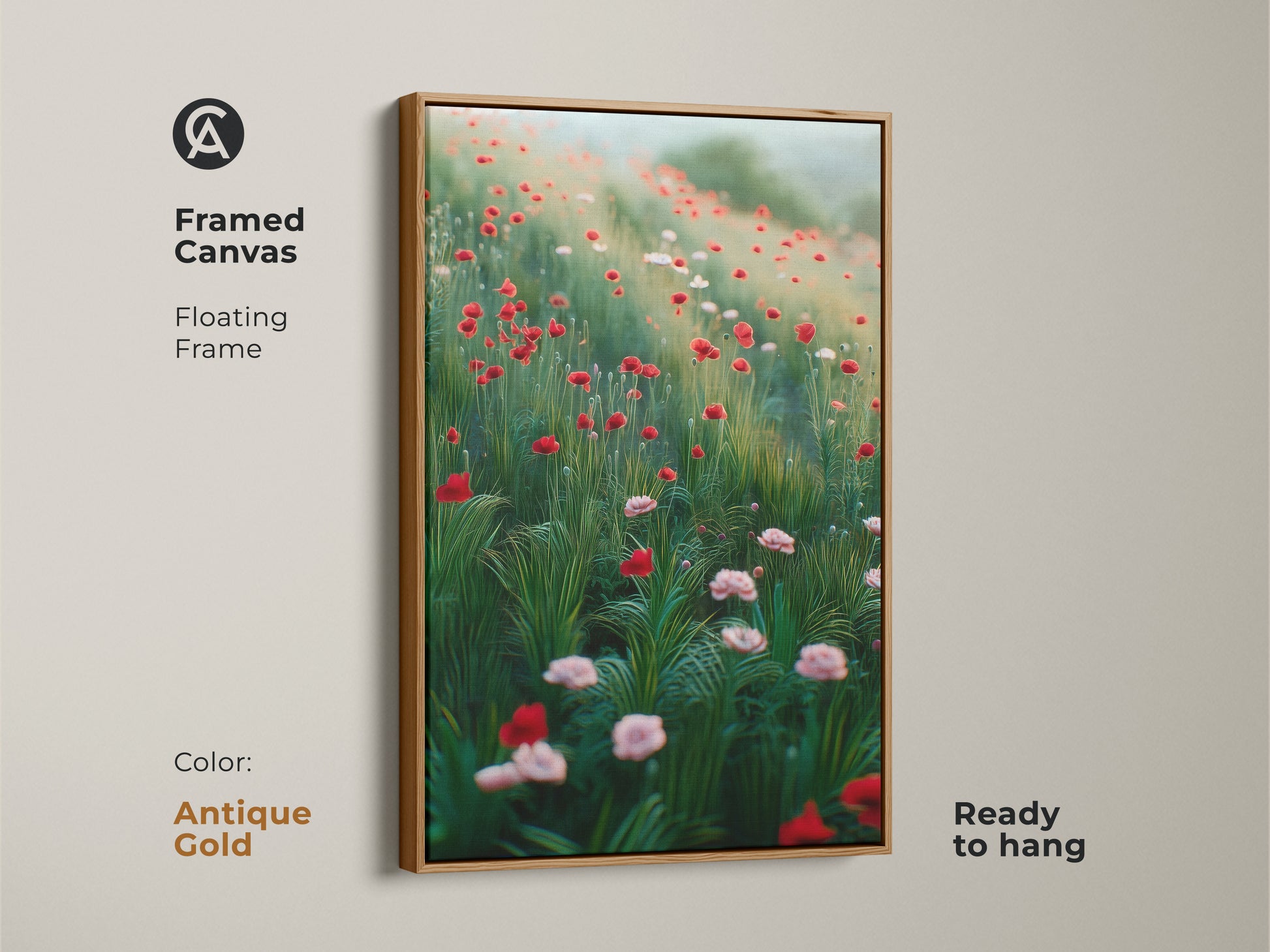 Framed canvas with an antique gold floating frame displaying a red poppy print. This impressionistic floral decor is ideal for plant lovers. The nature landscape art adds a vintage charm. Ready to hang.