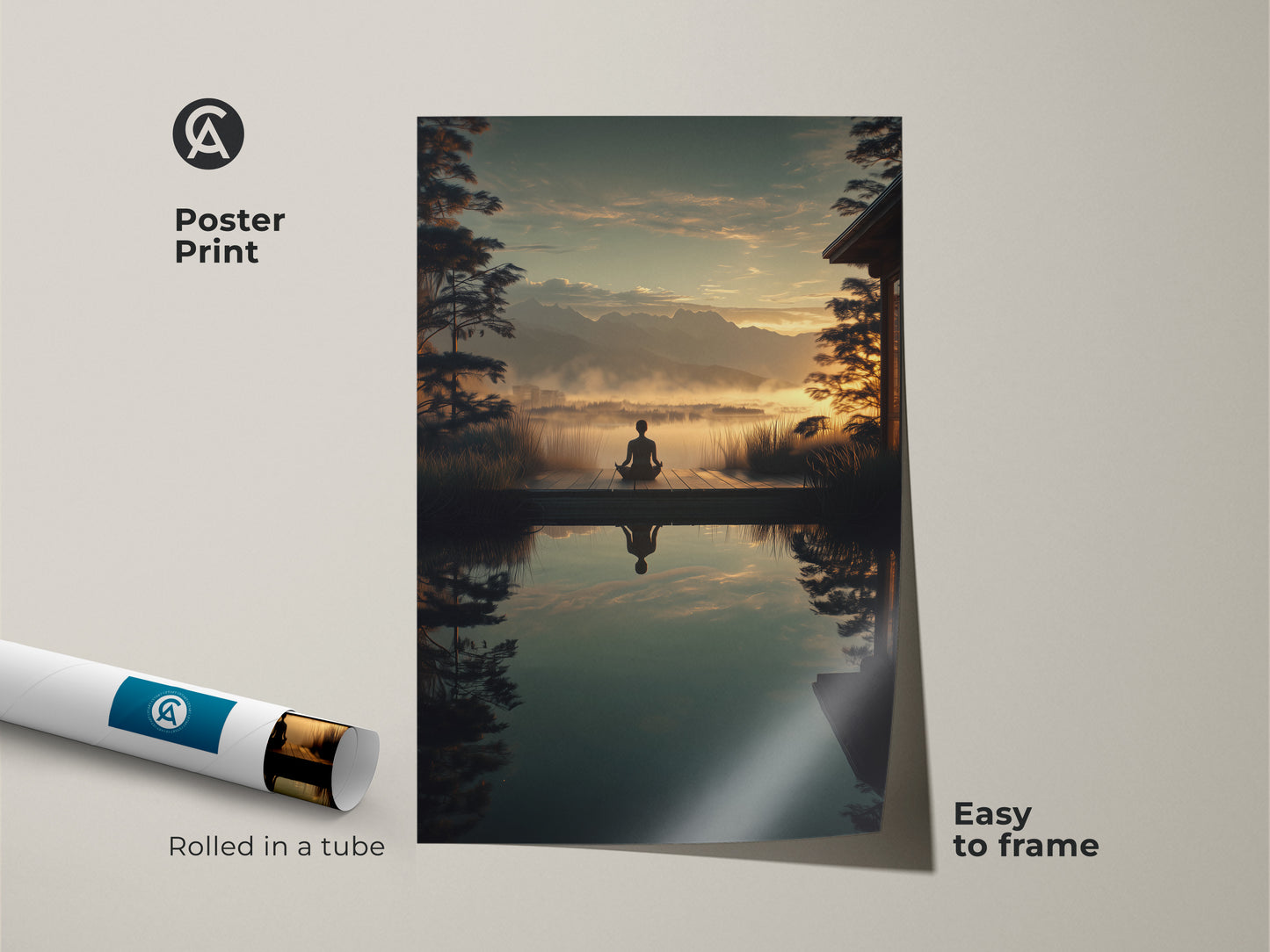 Poster Print of a Zen Mountain Landscape. The artwork shows a yoga pose silhouette. Rolled in a tube for easy framing. This spiritual nature artwork brings a calming presence. Its Golden Yellow and Teal tones enhance any room. Perfect for mindful wall art and Scandinavian decor.