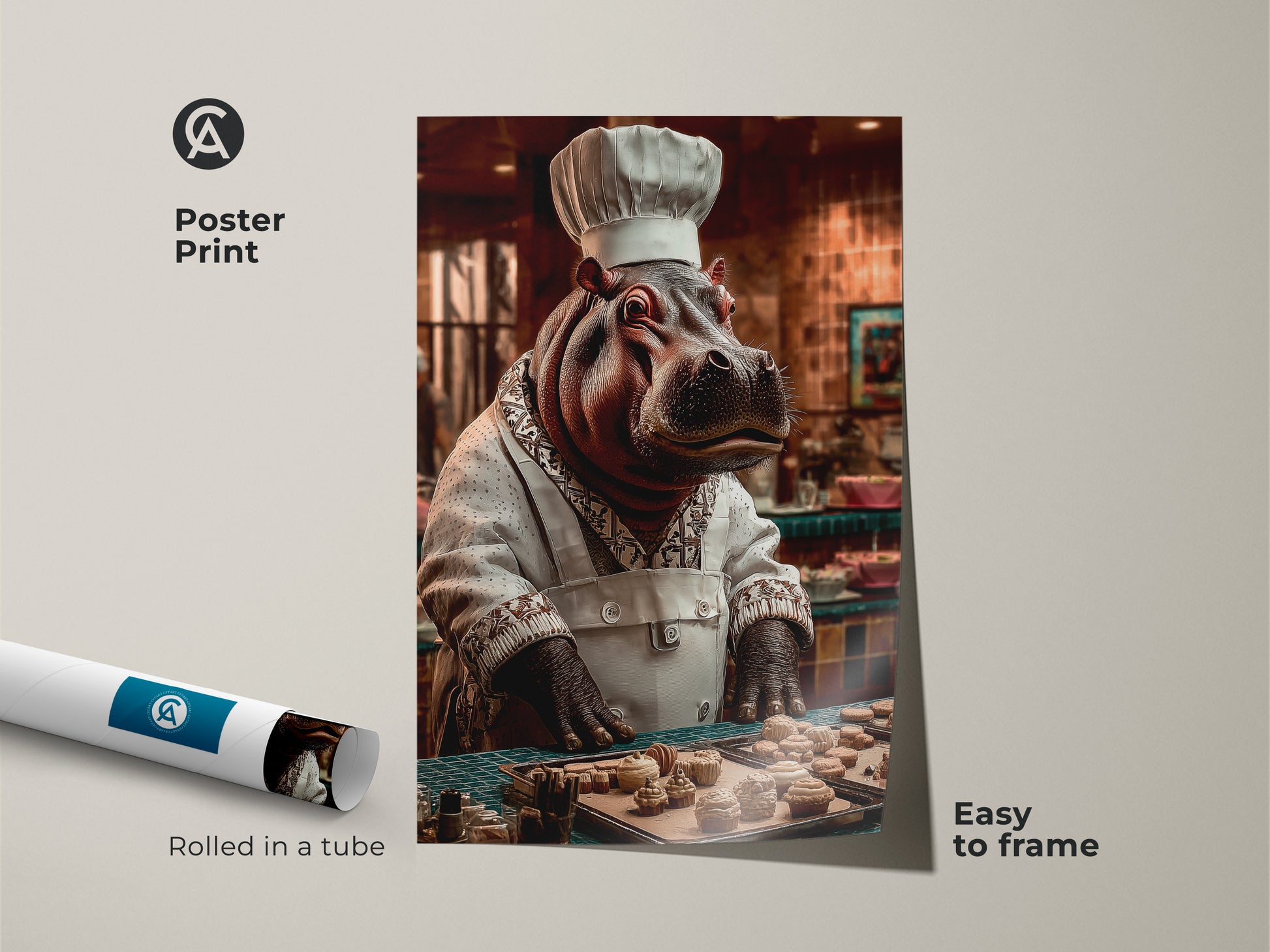 Easy-to-frame poster print presents a charming hippo chef. This animal chef illustration is rolled in a tube for convenient shipping. The hippo in chef hat art is suitable for dining or living rooms. A novelty art print and a fun birthday gift for chefs.