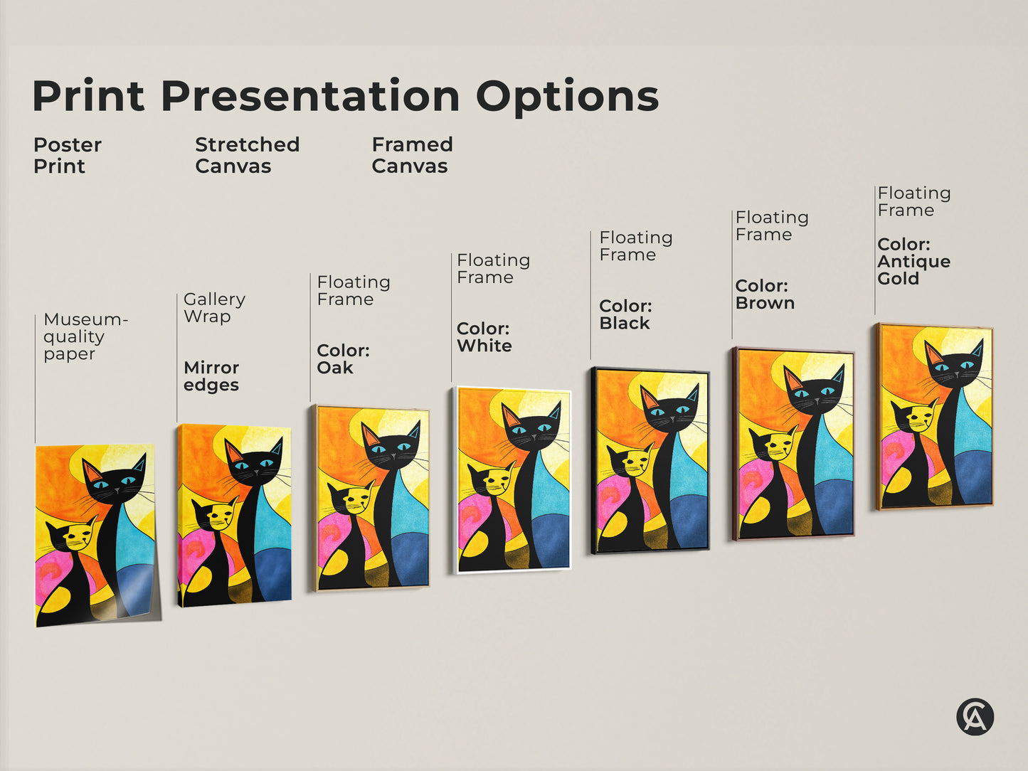 Print presentation options for cat artwork. Choose from poster prints stretched canvases or framed canvases. Find the perfect size and style for your home decor. Museum-quality paper and mirror edges available.