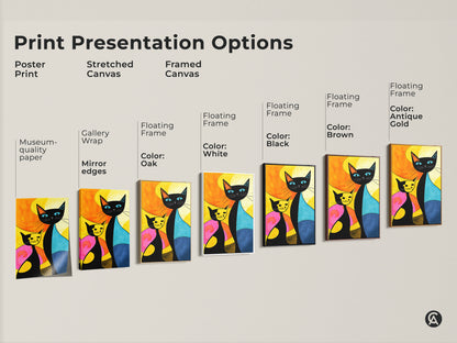 Print presentation options for cat artwork. Choose from poster prints stretched canvases or framed canvases. Find the perfect size and style for your home decor. Museum-quality paper and mirror edges available.