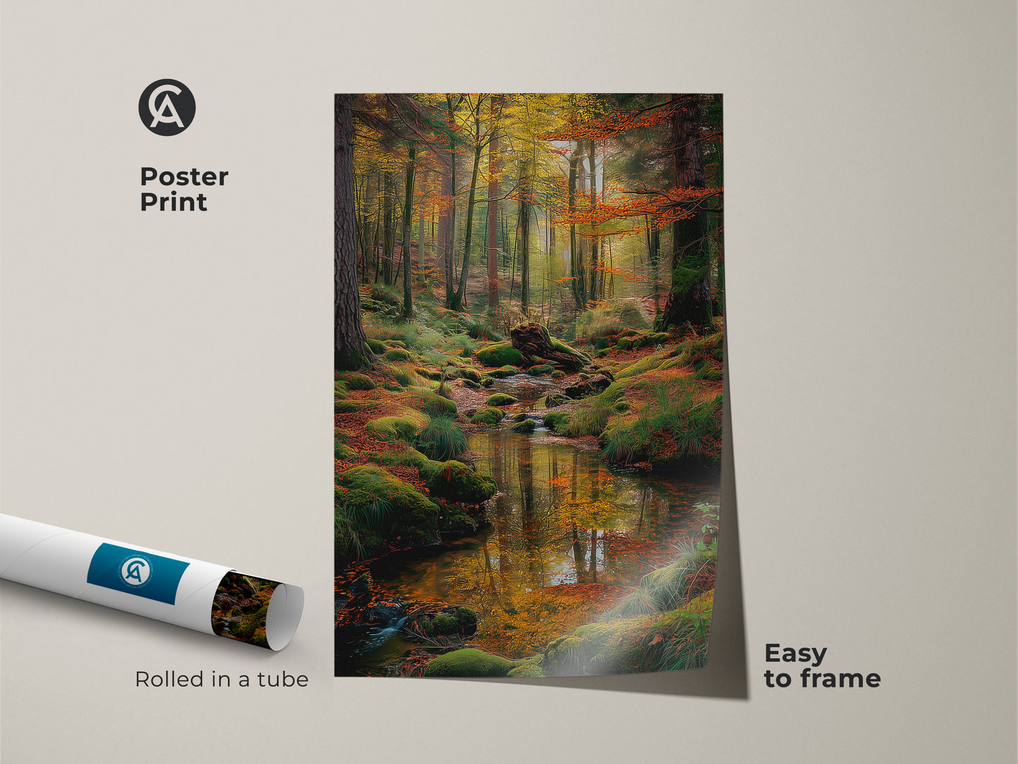 Poster print of a peaceful forest stream. This museum-quality paper print is easy to frame. The artwork showcases a lush forest with a clear stream. Rolled in a tube for protection. A great addition to any art collection.