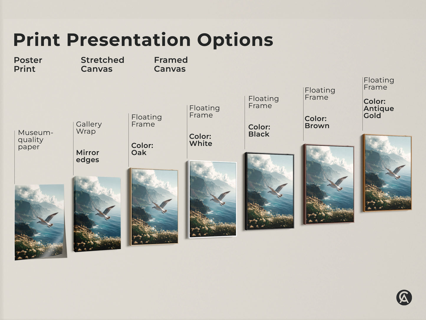 Explore various print presentation options. Poster prints are museum-quality paper. Stretched and Framed Canvas includes Gallery Wrap and Floating Frame options. Select from colors Oak White Black Brown and Antique Gold. Find the perfect artwork for your space.