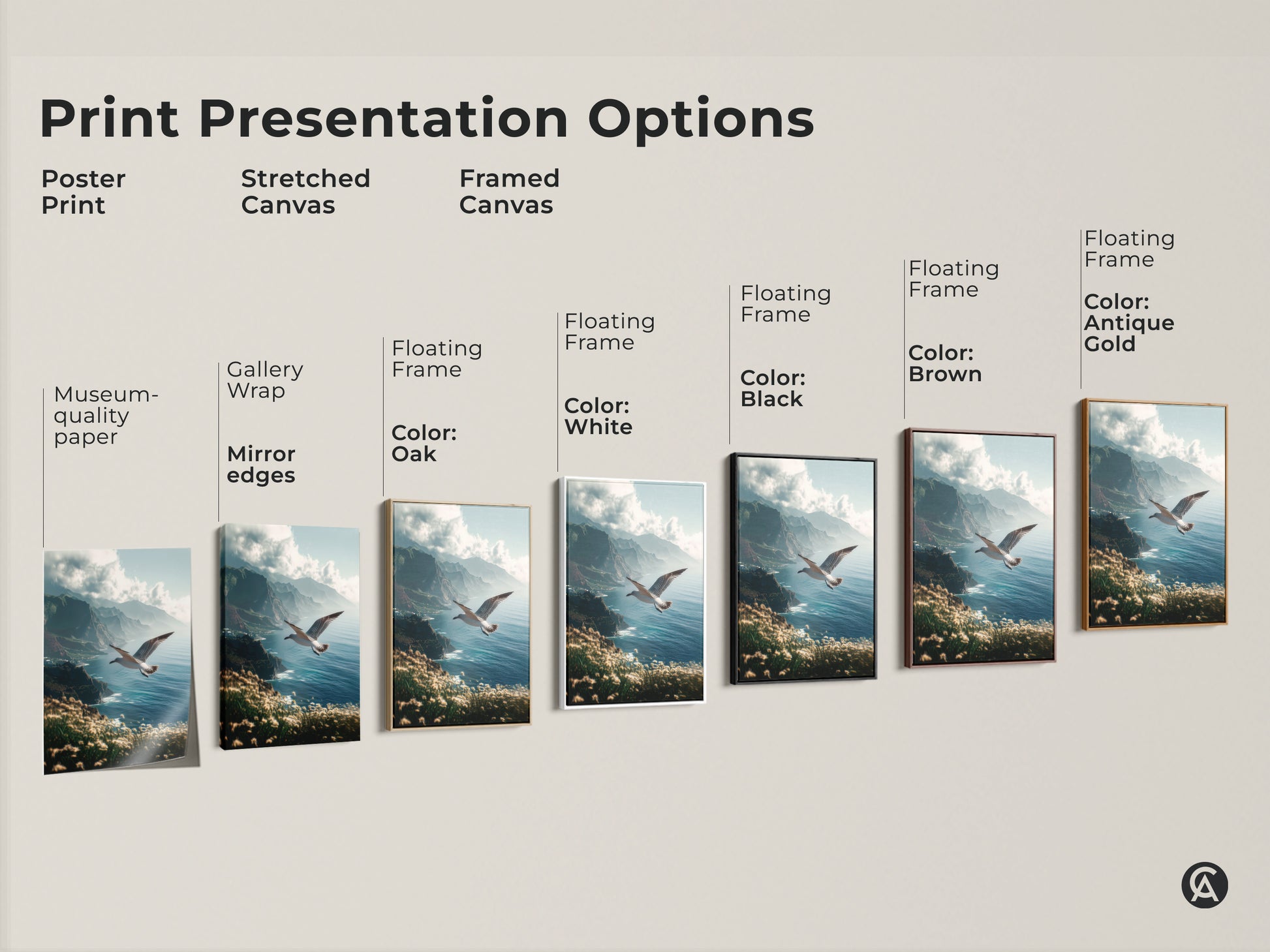 Explore various print presentation options. Poster prints are museum-quality paper. Stretched and Framed Canvas includes Gallery Wrap and Floating Frame options. Select from colors Oak White Black Brown and Antique Gold. Find the perfect artwork for your space.