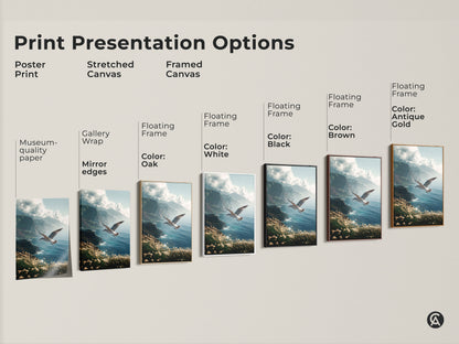Explore various print presentation options. Poster prints are museum-quality paper. Stretched and Framed Canvas includes Gallery Wrap and Floating Frame options. Select from colors Oak White Black Brown and Antique Gold. Find the perfect artwork for your space.
