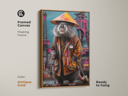 Framed canvas with a floating frame art showcases the surreal rat king artwork. The antique gold frame complements the eclectic animal decor. This is an industrial fantasy art ready to hang in any space.