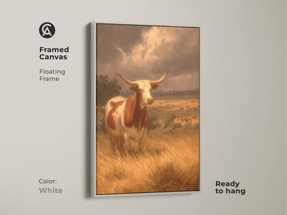 Brighten your space with this Longhorn canvas in a white floating frame. The clean modern frame complements the artwork's rustic theme. It's ready to hang. The detailed painting and serene landscape create a calming ambiance. Perfect for contemporary and classic interiors.