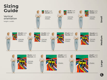 Discover the ideal vertical orientation size. Canvas and poster options range from small to large dimensions. Each size features a dynamic Yellow race car. Perfect for any wall this Pop artwork adds an energetic touch. Find the perfect fit to elevate your office garage or living space with speed and color. Its a perfect gift for any F1 fan.