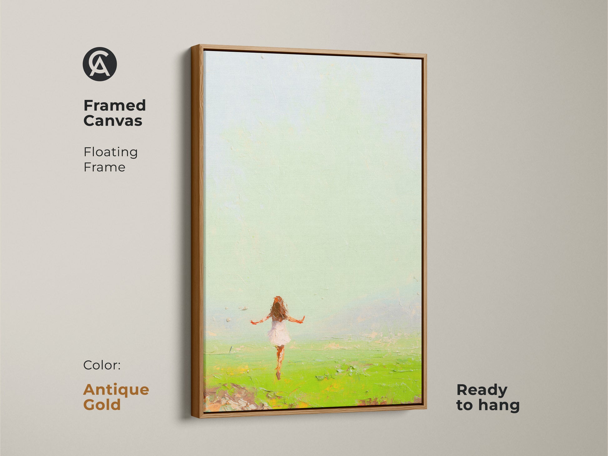 Add a touch of elegance to your walls with this framed canvas art print. The artwork features Emerald Green and Sky Blue tones. The antique gold floating frame adds a touch of sophistication. It is a great choice for adding a peaceful nature artwork to your home. Ready to hang and enjoy.