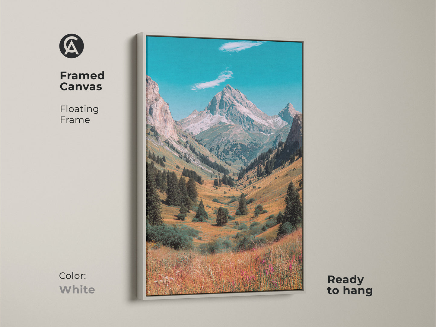 Framed mountain valley canvas art with a white floating frame. This ready to hang artwork offers a clean modern look. The landscape art brings a sense of peace and serenity to any space.